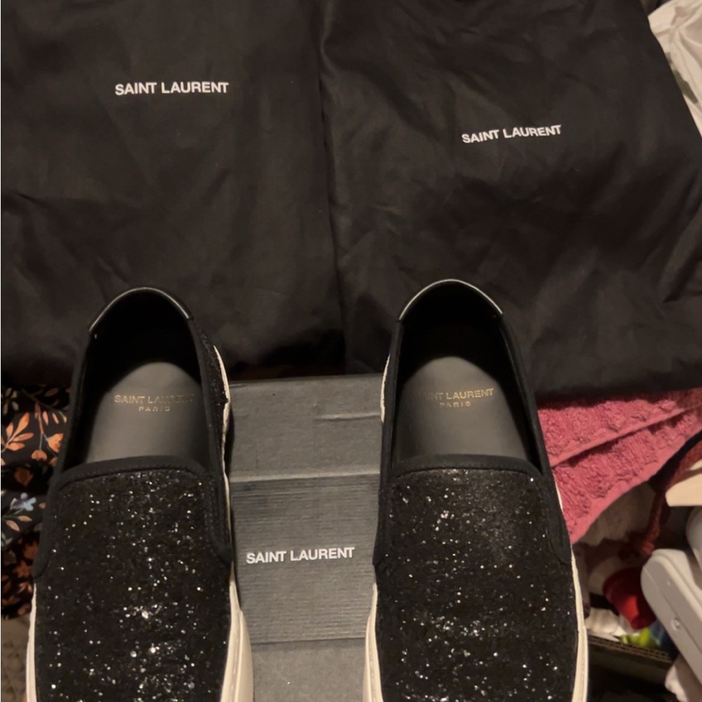 Saint Laurent Womens Black Glitter Loafers